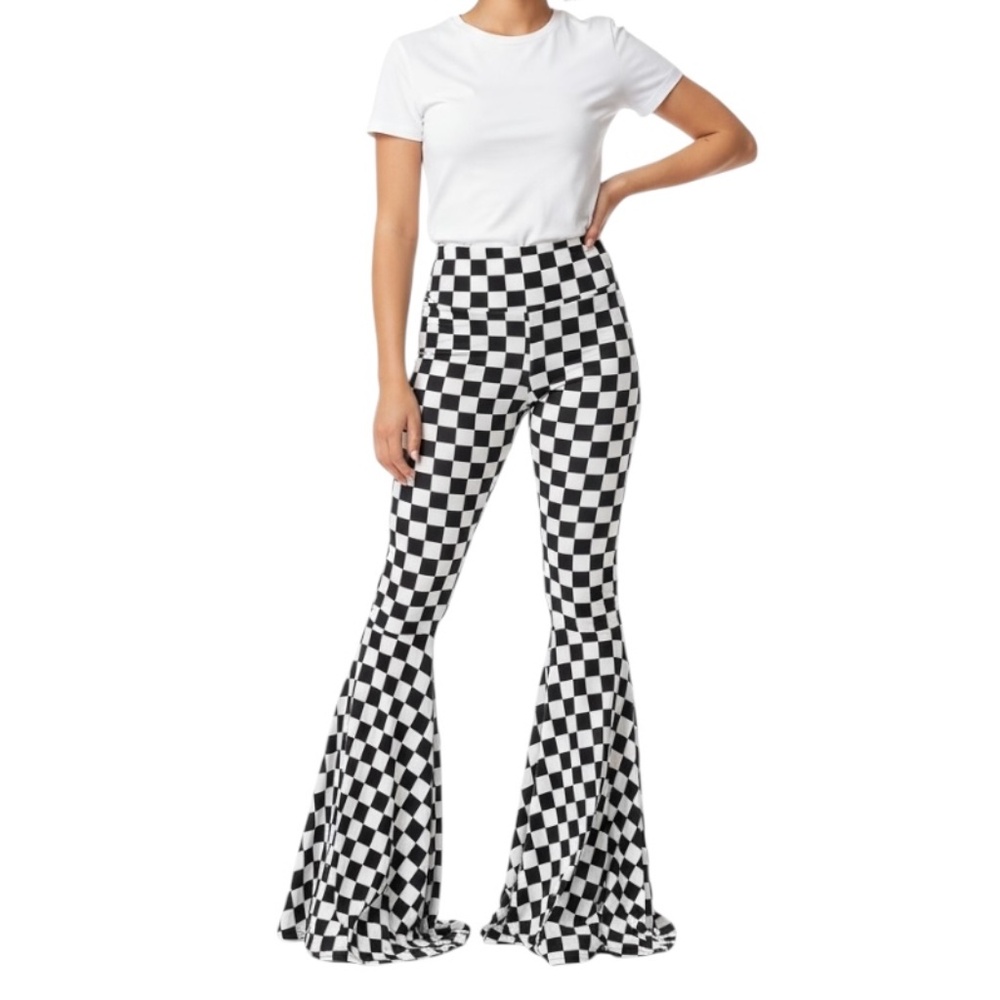 NWT $66 COQUETRY CLOTHING Checkered High Waist Bell Bottom Flares XS